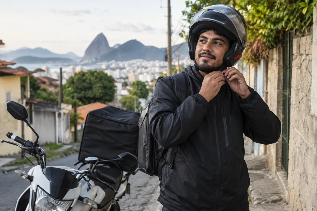 Entregador com capacete ao lado da moto